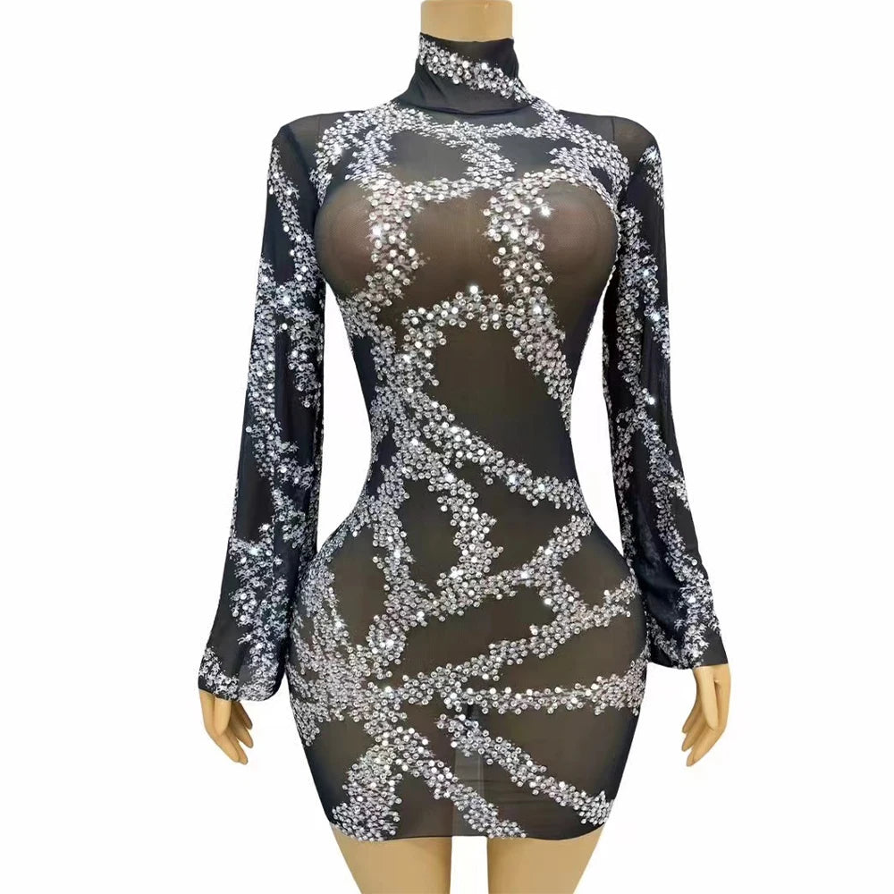 Sexy Stage Silver Rhinestones Black Big Sleeves Dance Performance Dress Mesh See Throug Leggings Birthday Photoshoot Dress