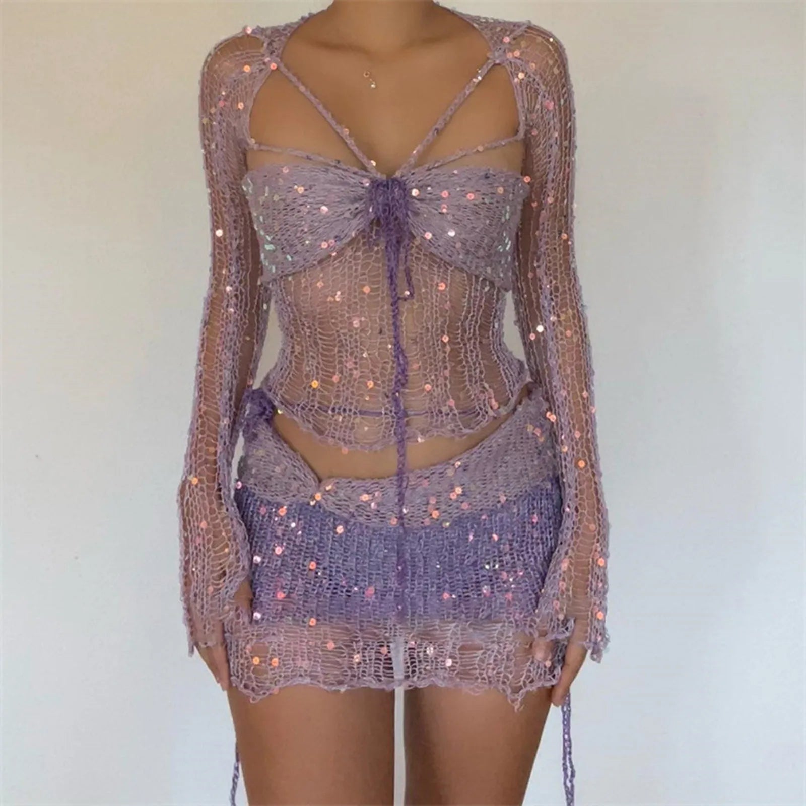 Conjunto de dos piezas formado por top corto y minifalda, de punto, con lentejuelas sexys y aberturas para mujer, de manga larga y moda 