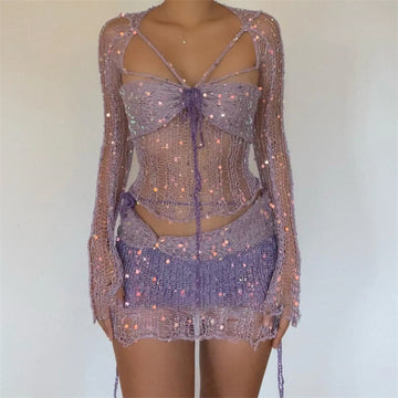 Conjunto de dos piezas formado por top corto y minifalda, de punto, con lentejuelas sexys y aberturas para mujer, de manga larga y moda 