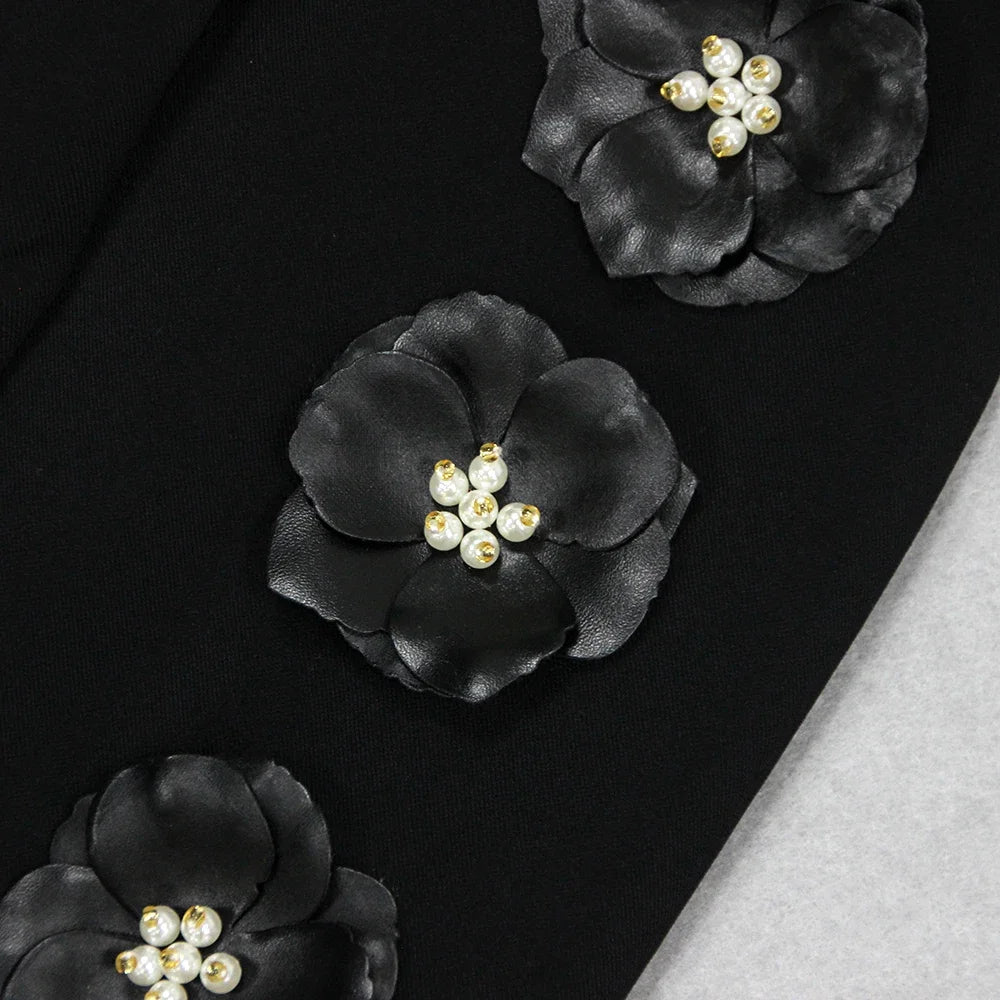 Chic Elegant Women's Black Suit Set with Floral Appliqué Blazer and Flare Pants for Glamorous Party Looks