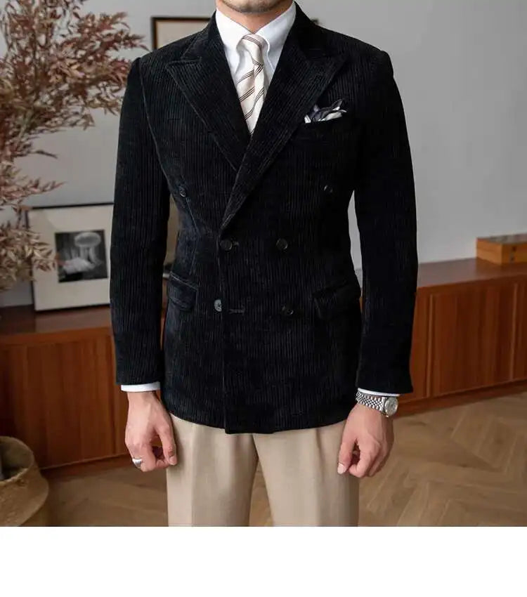 AutumnCasual Striped Jacket Men Blazer Masculino Blazer Hombre Italian Style Double Breasted Blazer Men Lapel Colla Blazer Homme