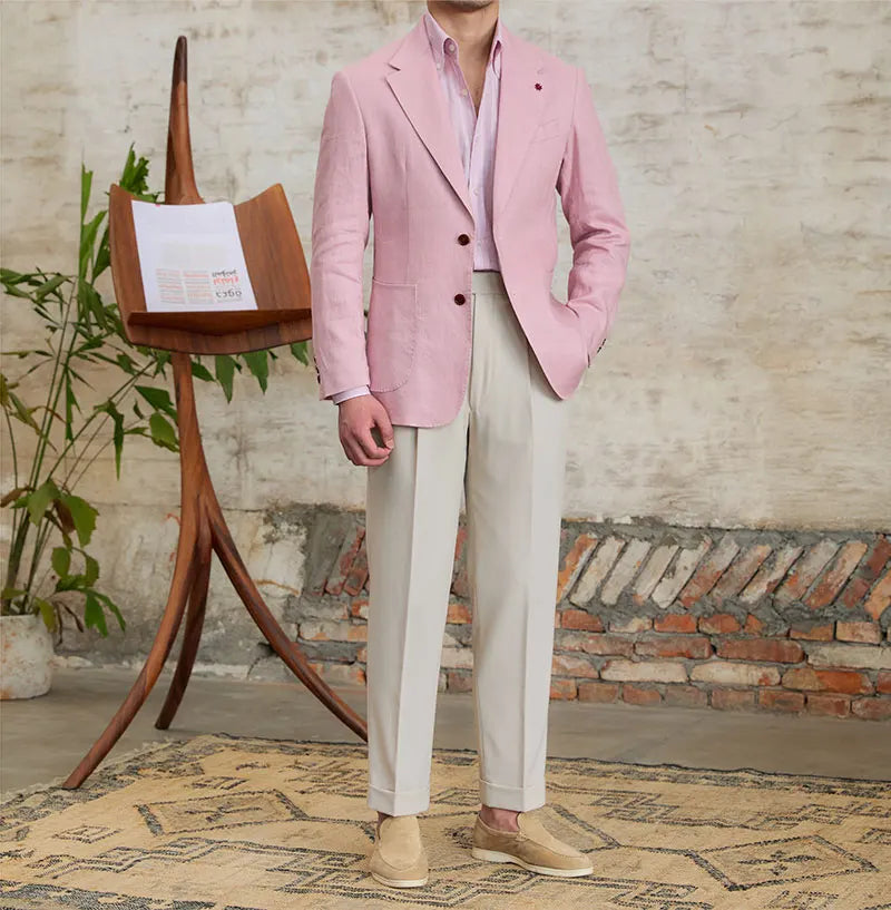 100% Linen Italian Stylish Blazer Men Casual Breathable Half Lining Vintage Suit Jacket Pink White