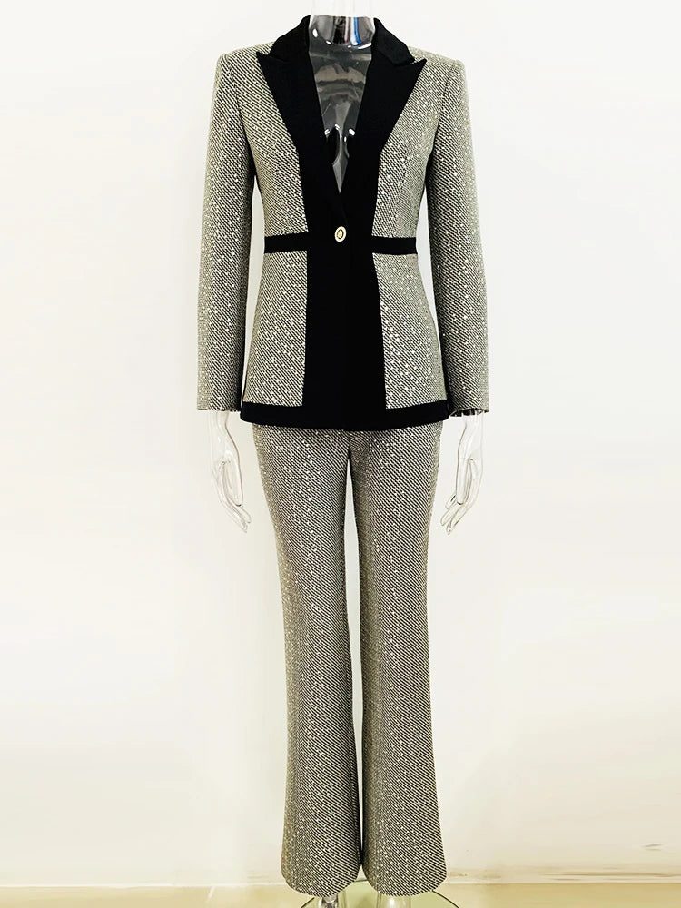 Designer Fashion Runway Suit Set Women Glitter Squined Blazer Jacket Pants Set
