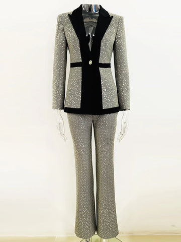 Designer Fashion Runway Suit Set Women Glitter Squined Blazer Jacket Pants Set