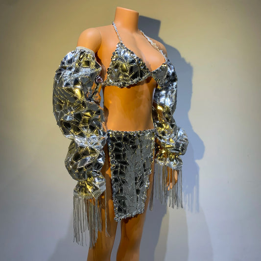 Sparkly Sequined Halter Tops Short Bikinis Skirt Suit Women Sexy Party Birthday Outfit Dance Costume Performance Stage Wear