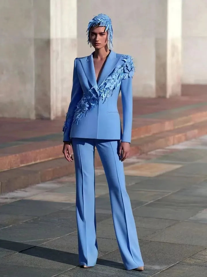 Ensemble élégant pour femme, 2 pièces, blazer et pantalon droit, robe de bal avec fleurs 3D appliquées, veste de bureau sur mesure