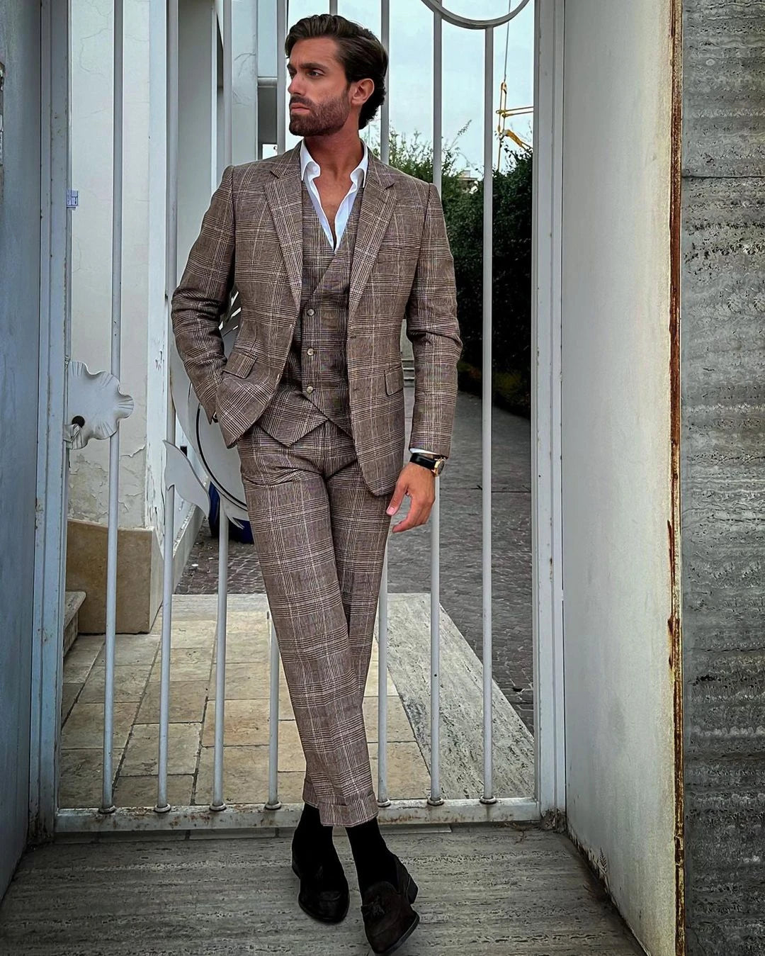 Trajes a cuadros para hombre, esmoquin con solapa con muesca para novio, trajes de boda, blazers de fiesta de negocios, conjuntos de 3 piezas, traje de novio para hombre