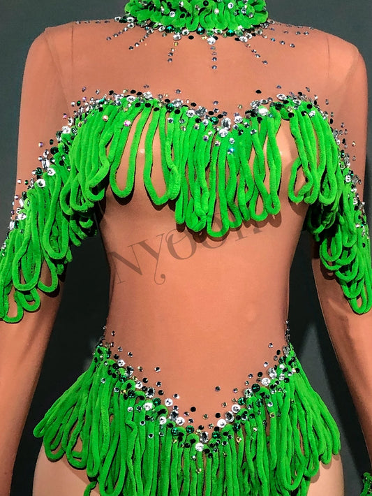 Sparkly Rhinestone Tassels Long Sleeves Bodysuit Women Sexy Mesh See Through Performance Dance Costume Stage Wear Party Outfit
