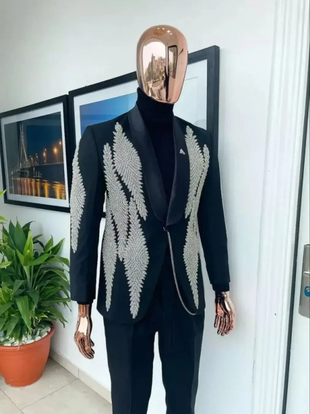 Shiny Men's Suits 2 Pieces Blazer Single Breasted Beads Wedding Groom Tuxedos Business Prom Customized Trajes Para Hombre