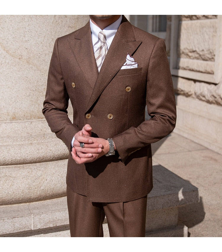 Trajes formales casuales de doble botonadura, 2 piezas, trajes de negocios sencillos de lujo para hombre, traje ajustado de color liso para hombre 