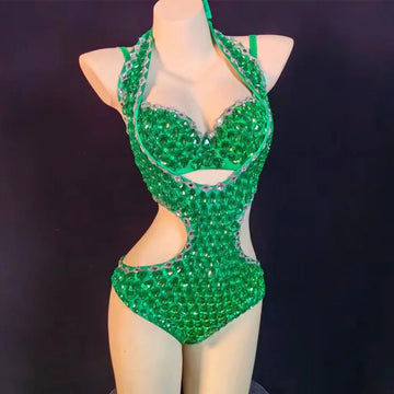 Femmes scène strass cristaux body costumes sexy vert soutien-gorge court vêtements ensemble femme chanteuse DJ DS danse scène vêtements