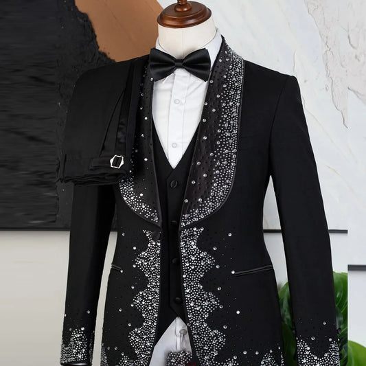 Customized Diamond Wedding Groom Luxury 2 Pieces Sets Men Suits Slim Fit Tuxedos Shiny Male Prom Blazers Trajes Para Hombre