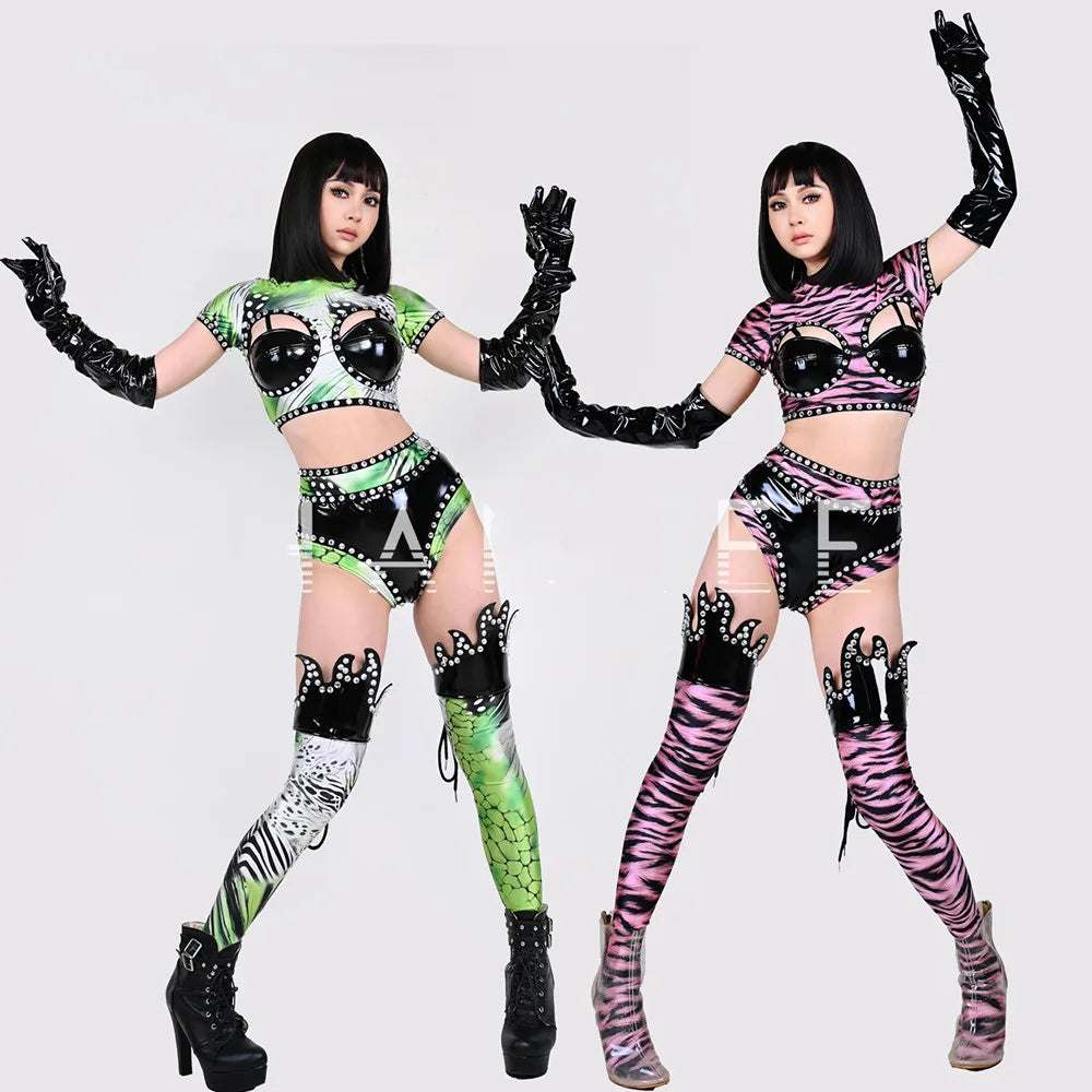 Sexy léopard cristal bikini gants en cuir couvre-jambes vêtements de performance femmes drag queen costume danseur jazz équipe scène vêtements