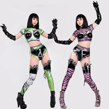 Sexy léopard cristal bikini gants en cuir couvre-jambes vêtements de performance femmes drag queen costume danseur jazz équipe scène vêtements