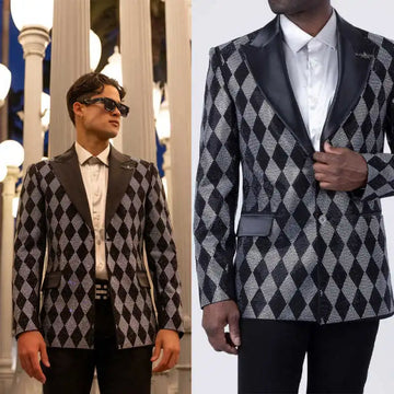 Shining Plaid Men Suit 2 Pieces Jacket Pants Peaked Lapel Crystal Beading Groom Wedding Tuxedos Customized Trajes Para Hombre