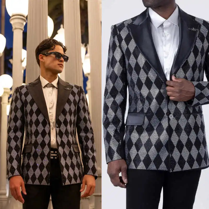 Shining Plaid Men Suit 2 Pieces Jacket Pants Peaked Lapel Crystal Beading Groom Wedding Tuxedos Customized