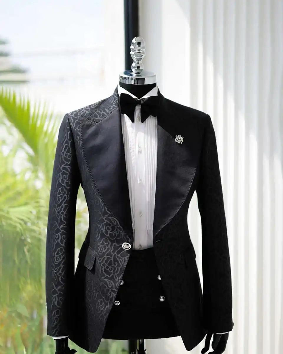 Vintage Jacquard Wedding Suits for Groom Peaked Lapel Single Breasted Tuxedos 2 Pcs Jacket Pants Evening Party Prom Customized