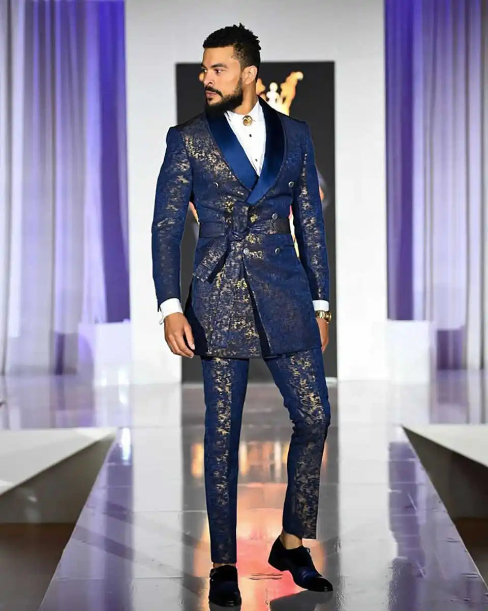 Jacquard Floral Wedding Suits for Groom Shawl Lapel Double Breasted Tuxedos 2 Pcs Jacket Pants Evening Party Prom Customized