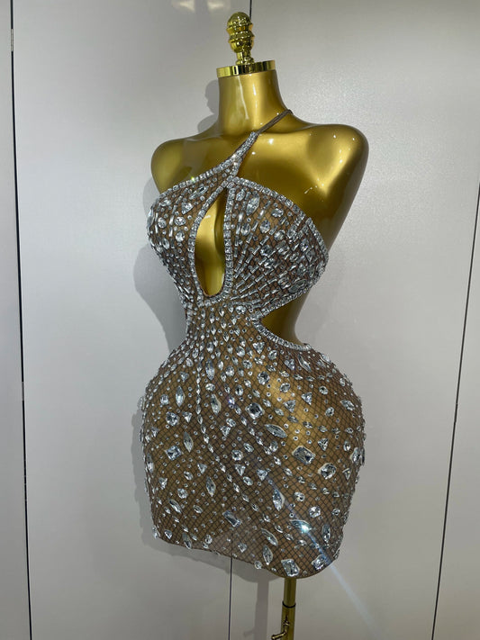 Robe courte transparente en maille à gros cristaux scintillants pour femme, tenue sexy à épaules dénudées, idéale pour une soirée, une boîte de nuit ou un anniversaire