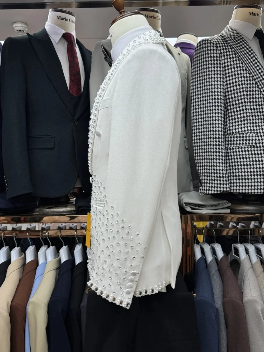 Modern Men's Suit Pearls Rhinestone Shawl Lapel 2 Pieces Set Jacket Tailor-Made Blazer Double Breasted Customized Coat Pants