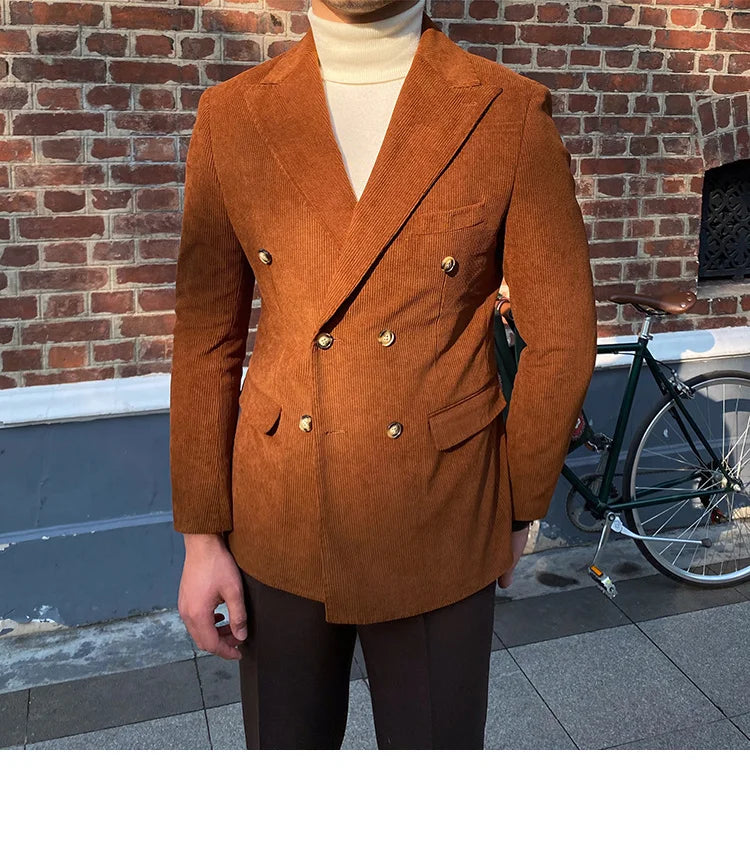 Blazer croisé élégant en velours côtelé bleu pour homme – Veste de costume slim de luxe pour mariages, dîners et événements spéciaux