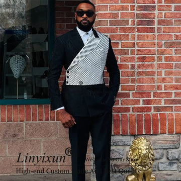 Handsome Beaded Diamond Men Suits 2 Pieces Wedding Groom Tuxedo Slim Fit Jacquard Male Prom Blazer Customized Costume Homme