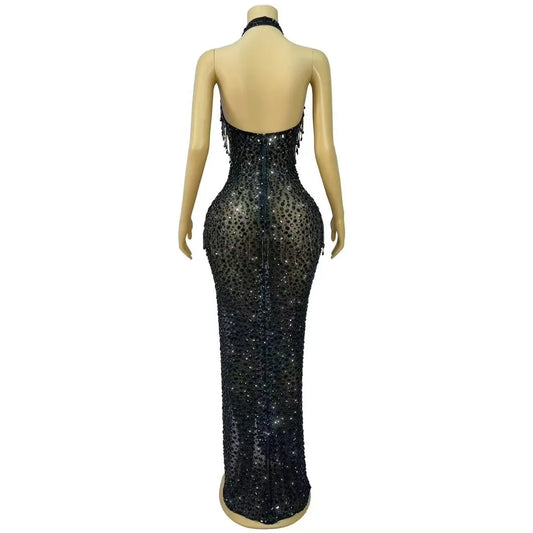 Black Rhinestones Crystals Chain Heavy Luxury Gowns Sexy V-neck Backless Dress Women Party Show Red Carpet Photoshoot Costume