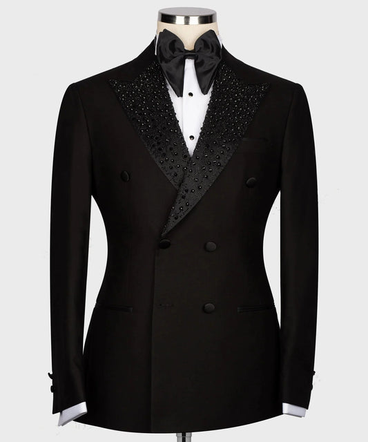Modern Men Suits Tailor-Made Peaked Lapel 2 Pieces Set Beaded Double Breasted Wedding Blazer Customized Jacket Black Pants