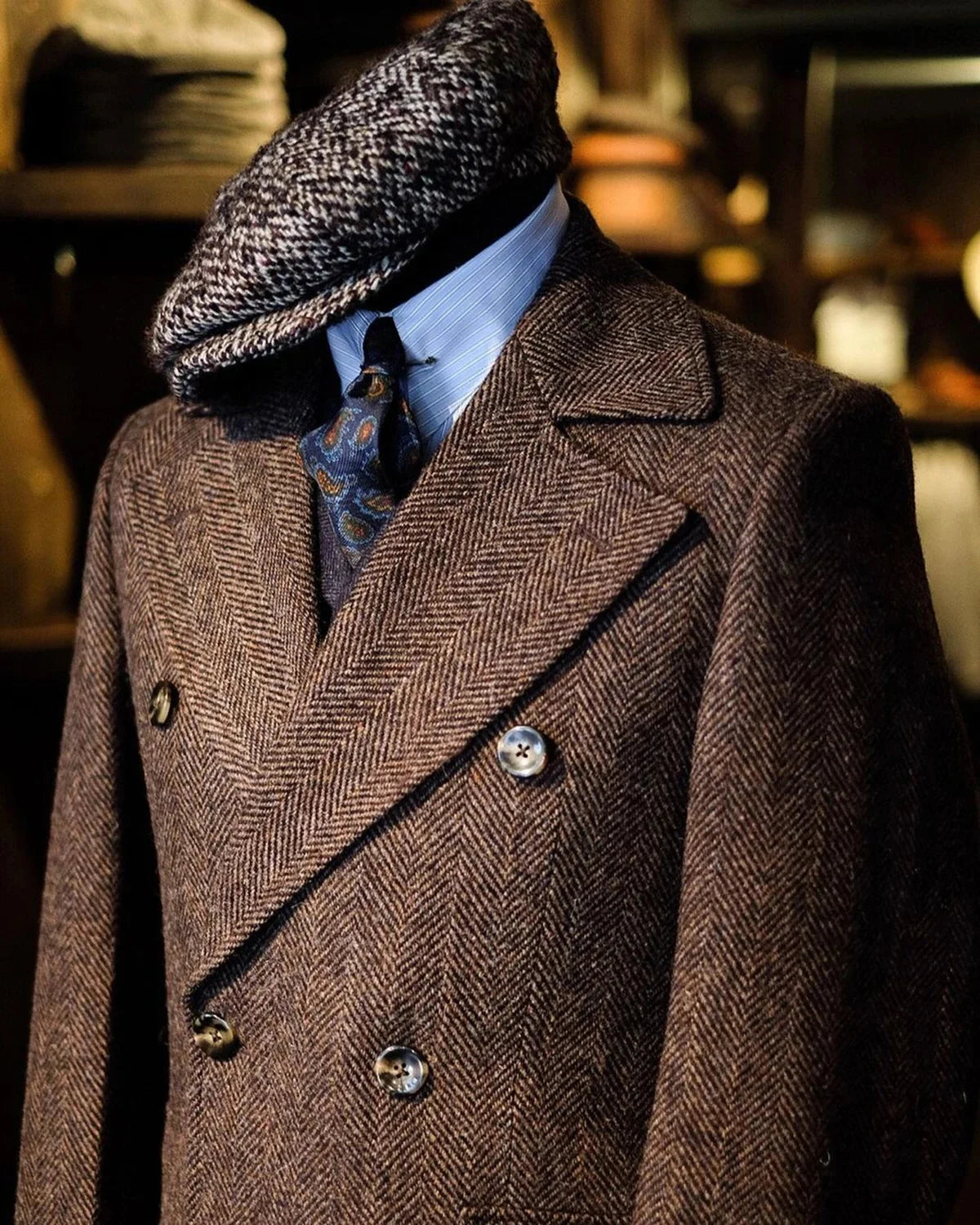 Handsome Men's Overcoat Herringbone Peaked Lapel Overgarment Autumn Warm Tailor-Made Topcoat Double Breasted Customized Coat