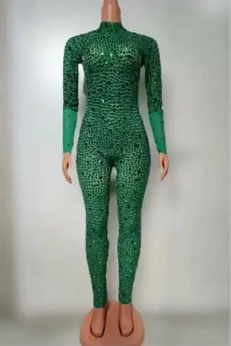 Sexy Simple Style Elegant Green Evening Gown Blingbling Silver Rhinestones Jumpsuit Wedding Cocktail Party Photoshoot Costume