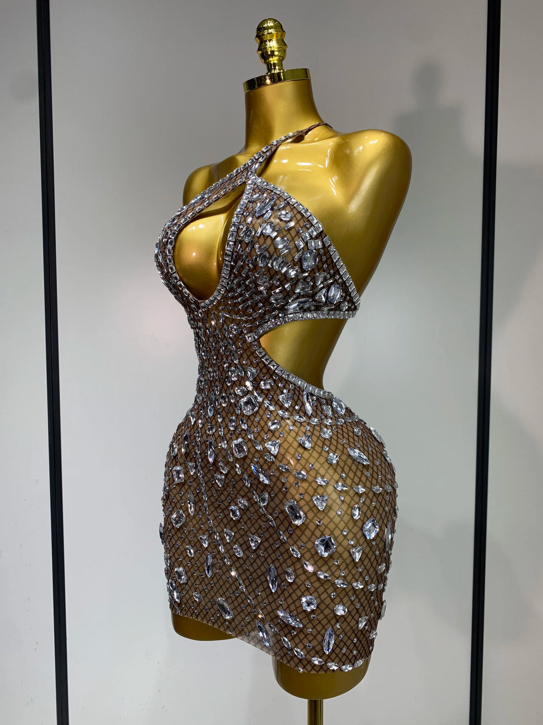 Sexy Sparkly Diamond Backless Short Dress Women Sleeveless Mesh See Through Evening Birthday Gown Singer Stage Outfit