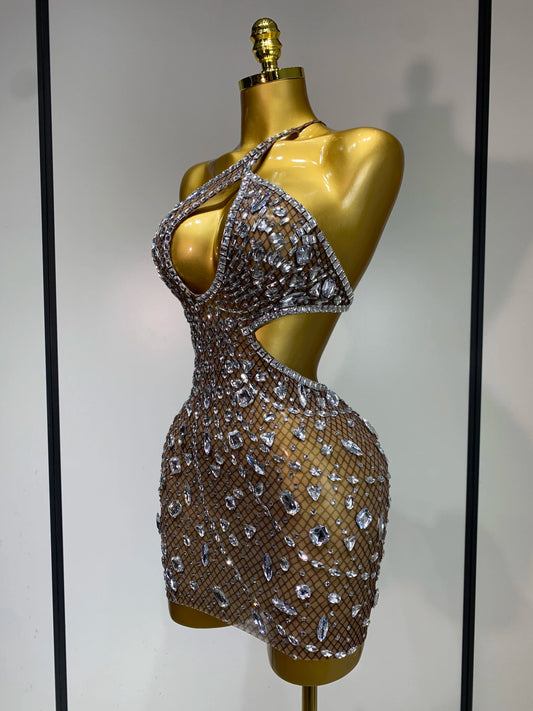 Sexy Sparkly Diamond Backless Short Dress Women Sleeveless Mesh See Through Evening Birthday Gown Singer Stage Outfit