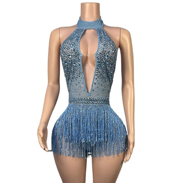 Body à strass scintillants et pompons pour femme, sexy, décolleté en V profond, dos nu, costume de danse, discothèque, chanteur, danseuse, tenue de scène