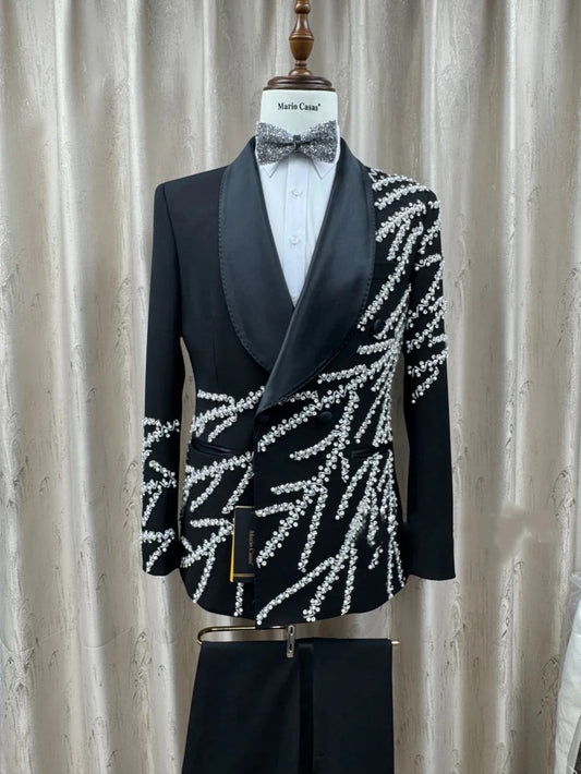 Luxury Men's Suit Pearls Rhinestone Shawl Lapel 2 Pieces Set Jacket Tailor-Made Blazer Double Breasted Customized Coat Pants