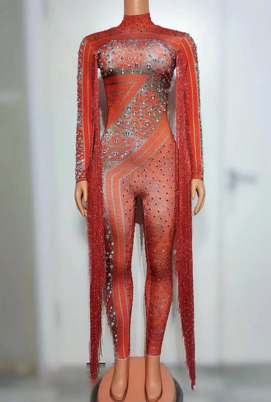 Mono de manga larga con borlas y disfraces de actuación para mujer, mono de una pieza con lentejuelas y diamantes de imitación brillantes, mono blanco para mujer 