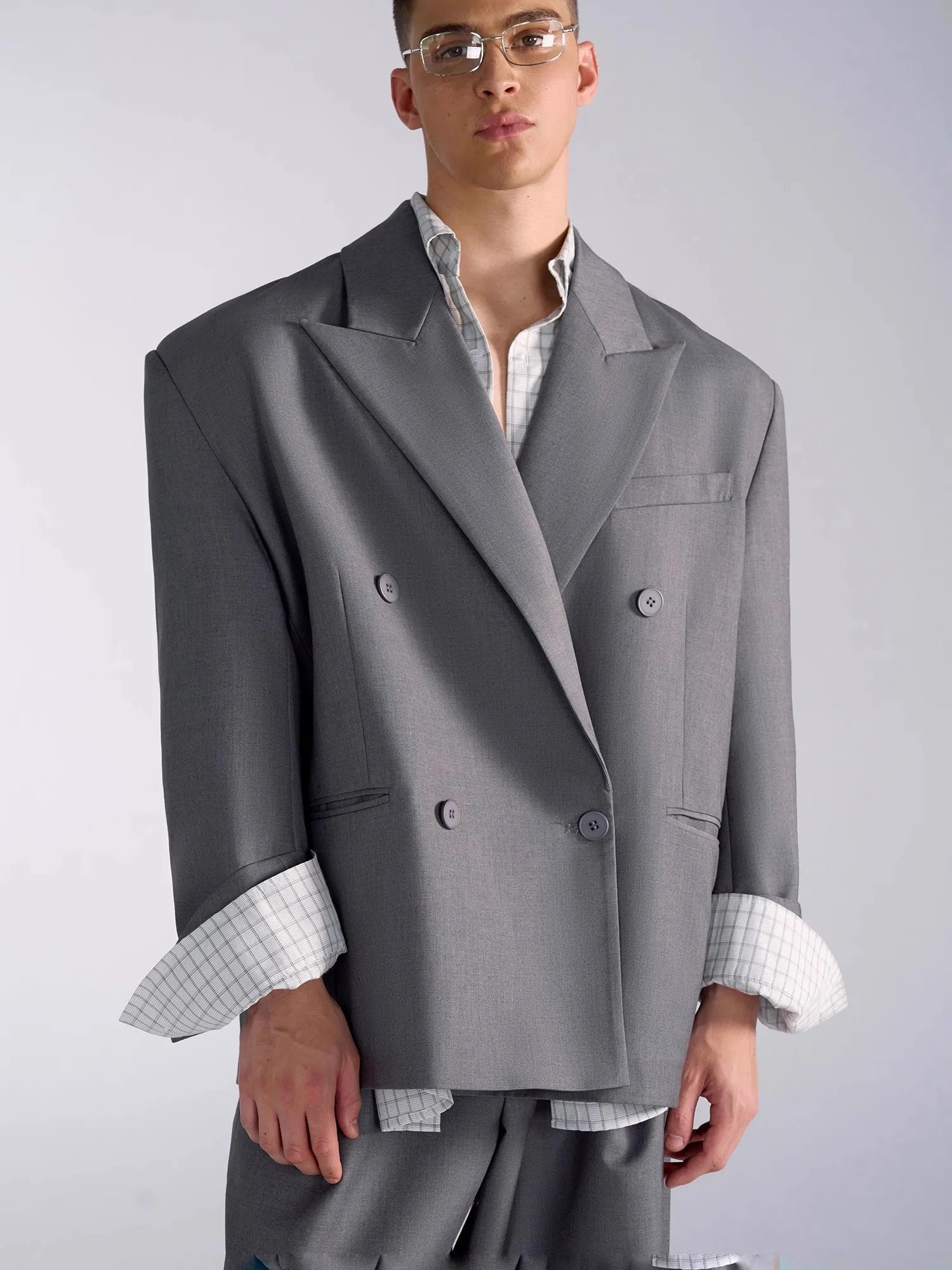 Oversized Grey Blazers for Men Peaked Lapel Shoulder Pads Double Breasted