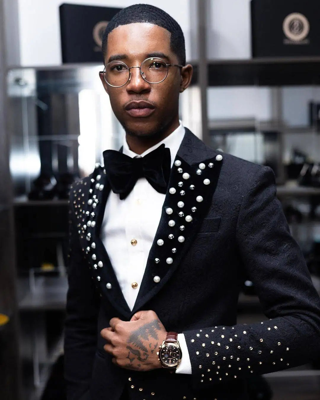 Esmoquin de boda para hombre con cuentas doradas, elegante chaqueta con solapa de pico, pantalones, trajes de 2 piezas para fiesta de cumpleaños, graduación, ropa formal para el novio