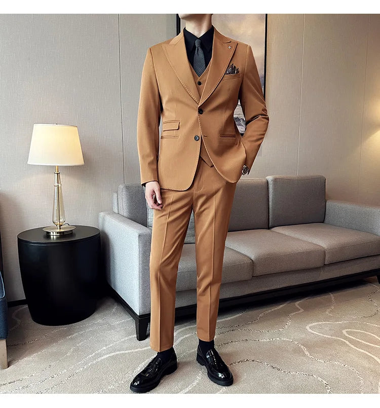 (Chaqueta + chaleco + pantalones) Trajes elegantes de 3 piezas, de marca, corte entallado, de un solo botón, para fiesta, formal, de negocios, para boda, esmoquin.
