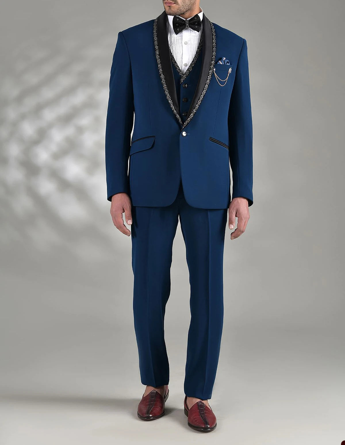 Gentleman Blue Wedding Men Suits With Beads Neck Tailor-Made New Groom 3-Pieces Formal Occasions Party Singer Costume Made