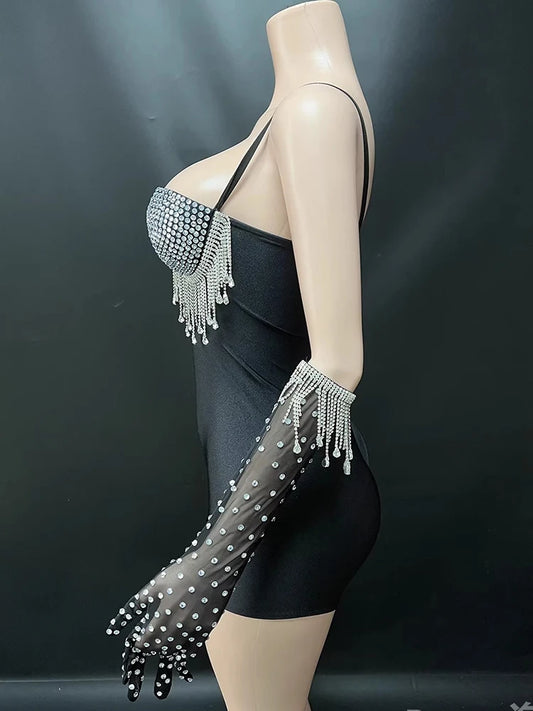 Hot Stamping Sexy Tassel Wrapped Chest Strap Jumpsuit+Gloves New Fashionable Custom Women'S Clothing