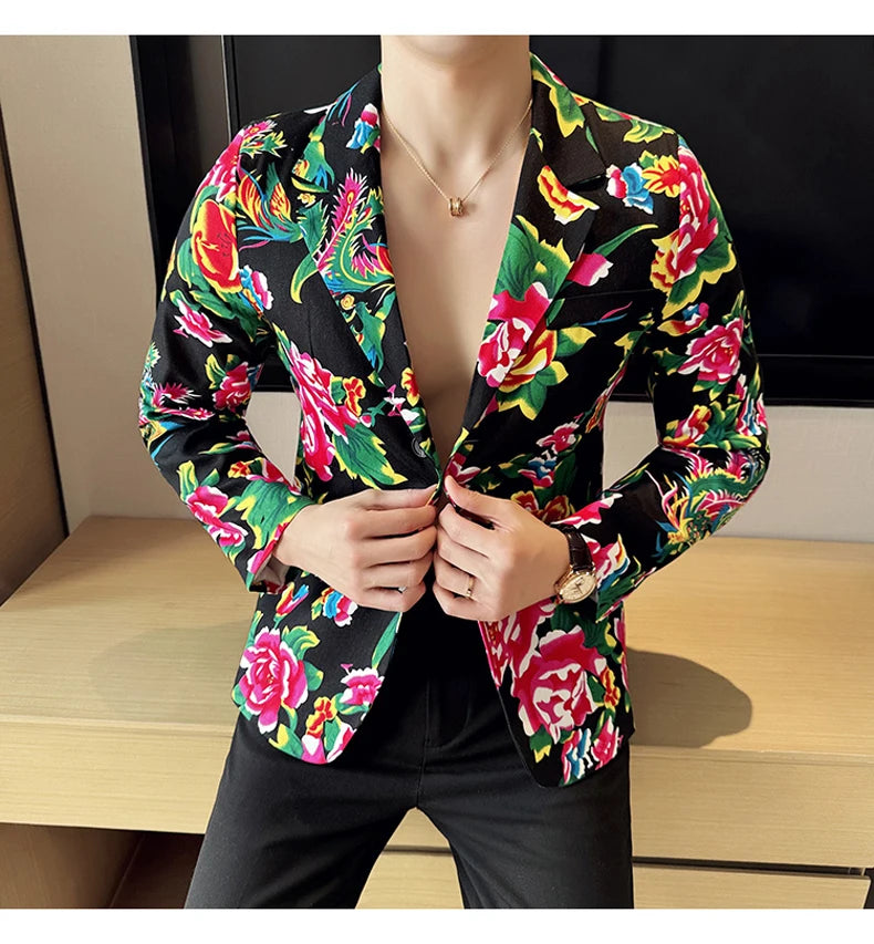 Traje de 2 piezas para hombre, estilo vintage, para fiesta, con estampado de flores grandes, estilo noreste de China, chaqueta y pantalones.
