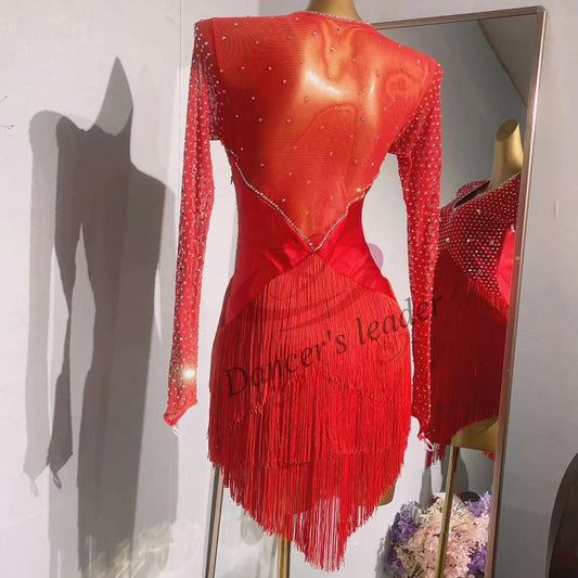 Latin Dance Dress High-end Custom Solid Color Full Diamond Tassel Cha Cha Tango Female Adult Stage Professional Clothing