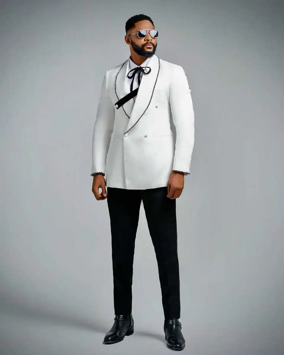 Designer Beaded Wedding Suits for Groom Shawl Lapel Tuxedos Double Breasted 2 Pcs Jacket with Pants Party Prom Customized
