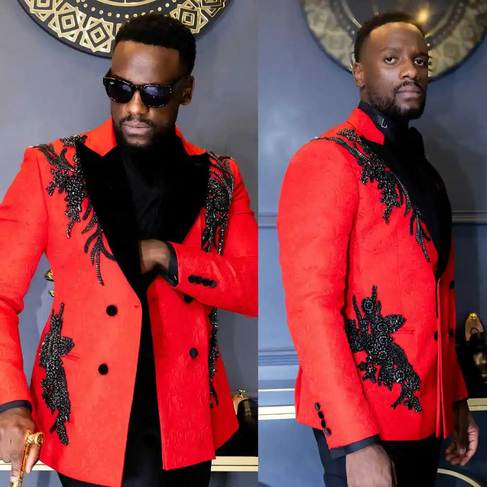 Fashion Appliques Wedding Suits for Groom Peaked Lapel Tuxedos Double Breasted 2 Pcs Jacket with Pants Party Customized