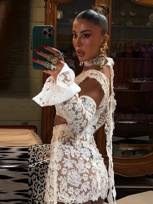 Ensemble jupe sexy en dentelle ajourée pour femme, col carré, haut court en ruban, ligne A, mini jupe fendue, ensemble d'été pour femme 