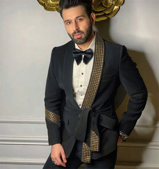 Black Men Suit Set 2 Piece Belted Blazer+Pants Trousers Wedding Tuxedo Groom Prom Coat Cotton Customized Formal Office Jacket