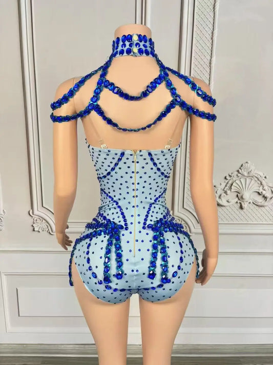 Body à franges et strass bleus scintillants pour femme, tenue de spectacle sexy, de danse, de discothèque, de chanteur ou de danseuse