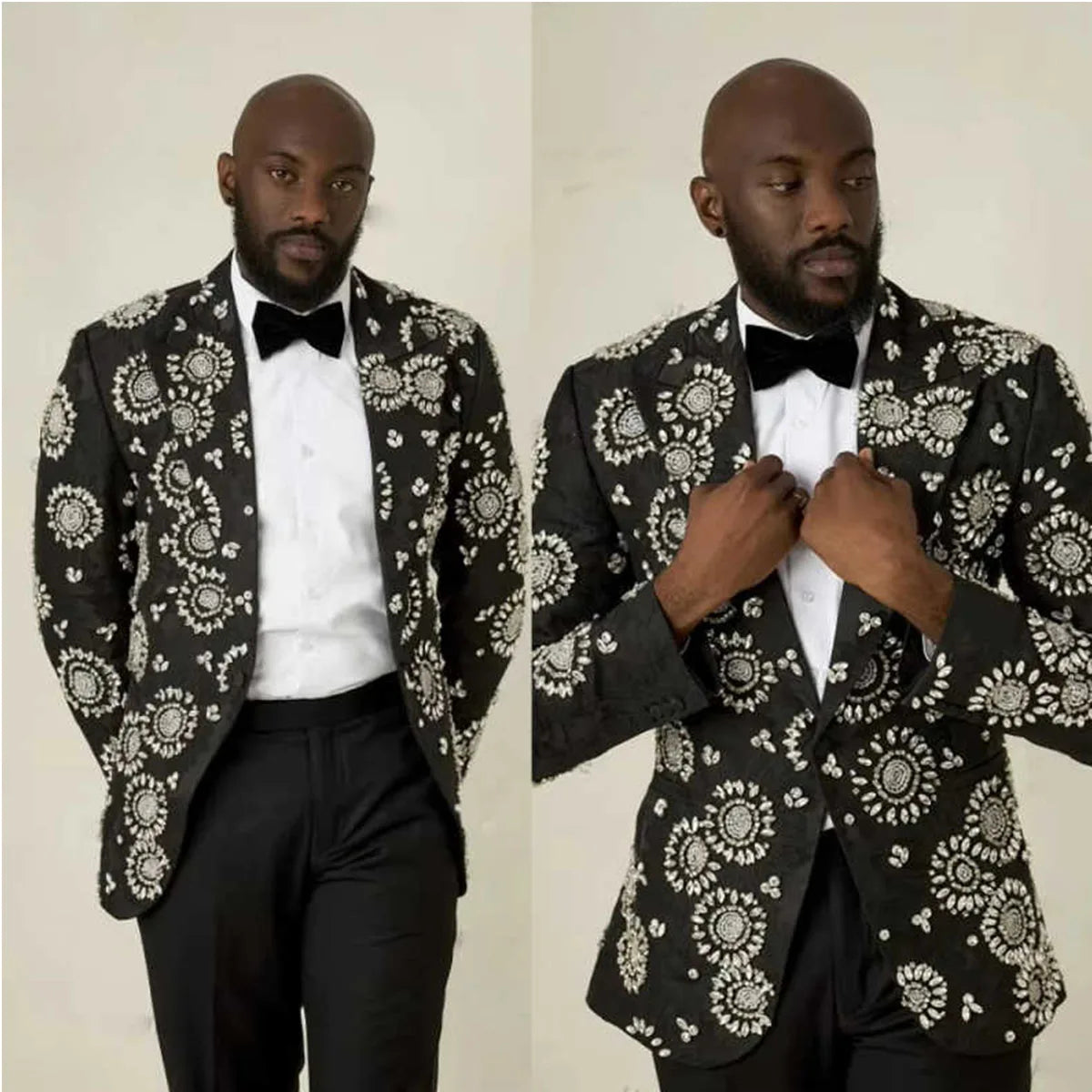 Customized Diamond Metal Embellished Men Suits Peaked Lapel Groom Tuxedos Wedding Prom Pants Outfit