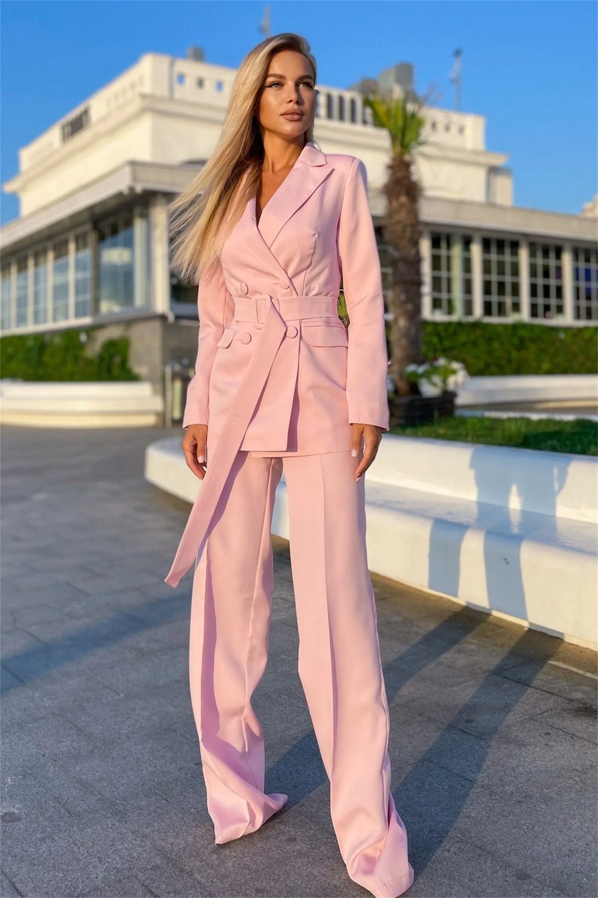 Fashion Pink Women Suits Simple Peaked Lapel Jacket With Belt 2 Pieces Wide Legs Pants Blazer Daily Casual Wear Coat