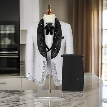 Luxury Wedding Suit for Fashion Men Beaded Slim Fit Groom Tuxedo Gentleman Party Suit 3 Pieces (Jacket+Pants+Vest)
